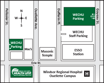 Map showing available public parking for the Windsor office, north of the office off Pelissier, and northeast of the office off Goyeau.