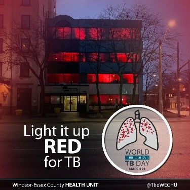 Light it up RED for TB - photo of WECHU office with red lights for TB Awareness