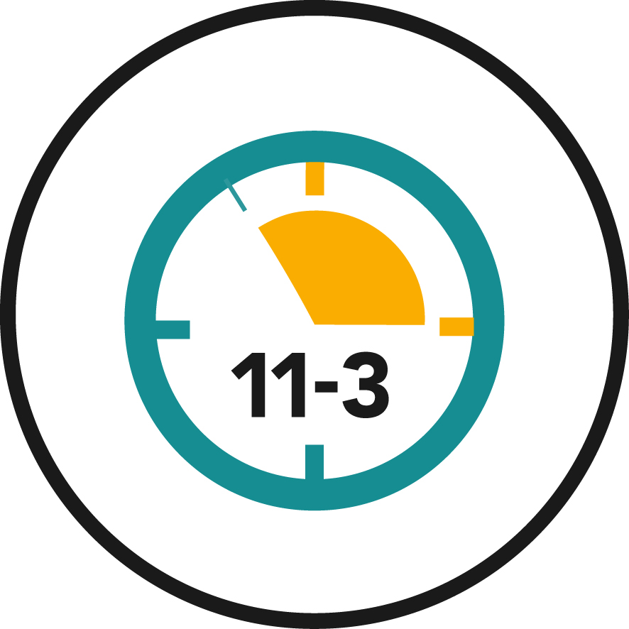 Graphic of clock highlighting time between 11am and 3pm