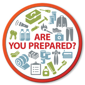 Graphic with various emergency preparedness items such as water, flashlight etc.